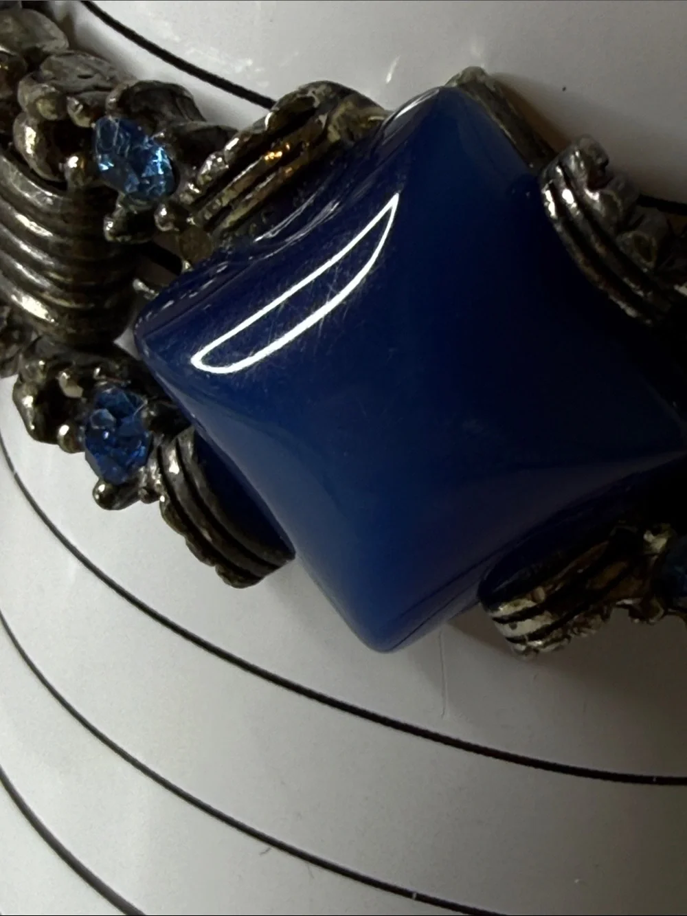 Blue diamond shape moonglow rhinestone chunky gunmetal Vintage Bracelet art deco